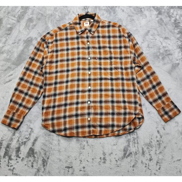 NEW Levi's Shirt Mens S Orange Black Plaid Cotton Long Sleeve Button Up Casual - Picture 1 of 12